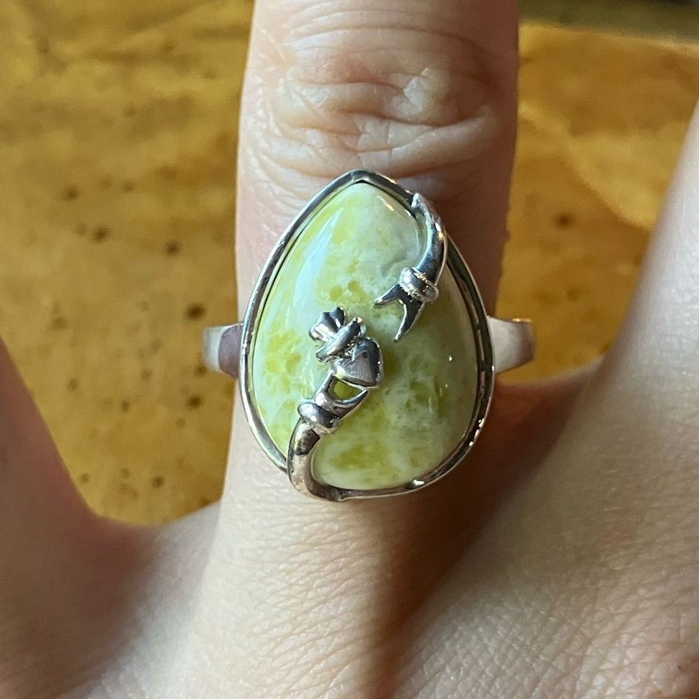 Natural Connemara Marble Sterling Silver Claddagh Ring Size 7